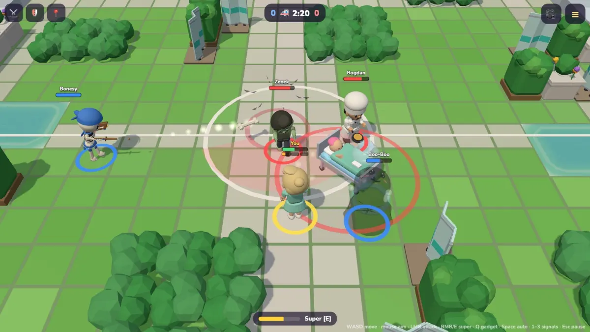 A match in Save the Patient in the hospital garden: heroes push a bed with a patient, the match clock at the top