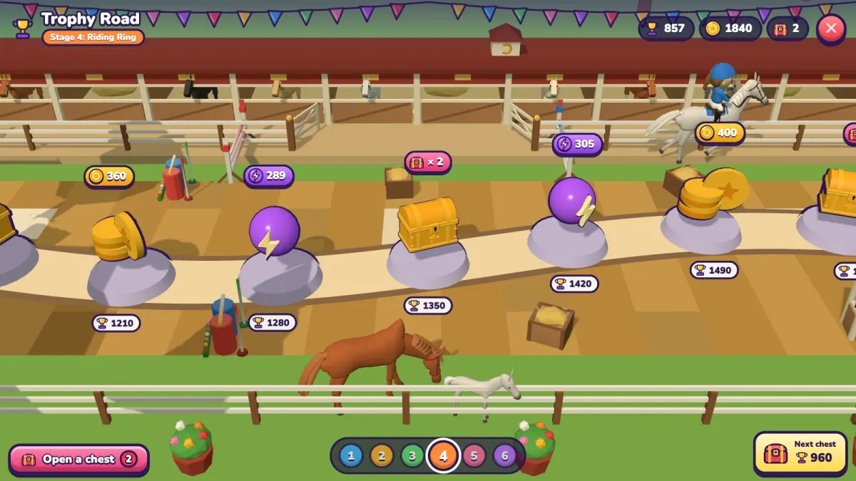 The Trophy Road, stage four, the Riding Ring: prize icons on stones, a rider on a horse and an Open a chest button