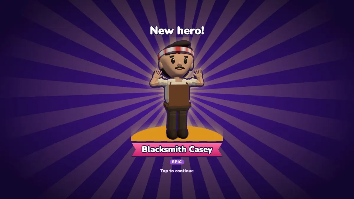 The new hero screen after opening a chest: Leon the Painter with the label Epic on a background of purple rays