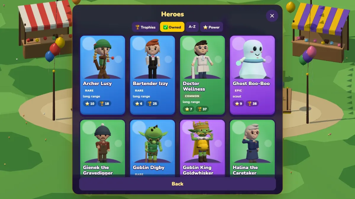 The Heroes window with colourful hero cards: Bartender Izzy, Wizard Bubblius, Doctor Wellness and Ghost Boo-Boo, with sort buttons at the top