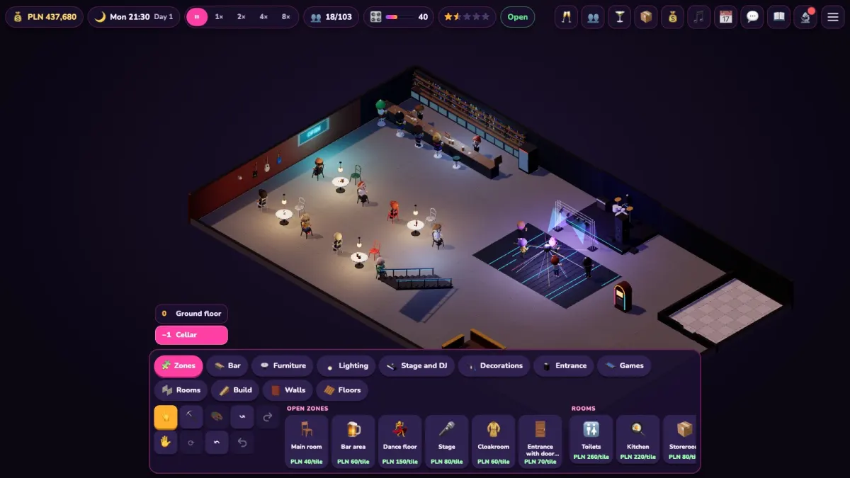 The cellar in neon blue and pink light: a long bar with a bottle shelf, tables with lamps, a dance floor and a stage on the right