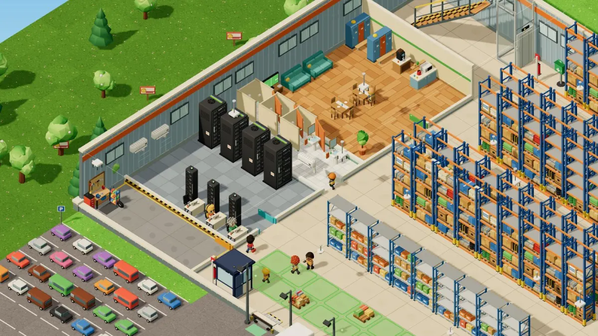 Inside a corner of the hall: a server room with racks and air conditioners, a staff room with sofas and coffee, a WC, a car park, a guard booth and the first stairs to an upper floor