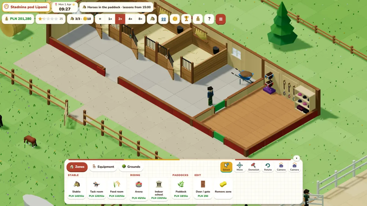 The barn with stalls, the tack room with saddles and helmets, and the groom walking along the aisle