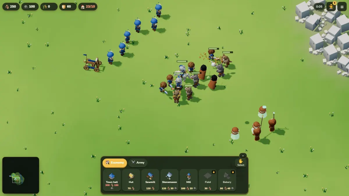 A fight in the field: a blue army with a catapult and brown opponents