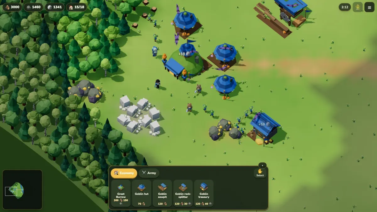A goblin stronghold with the Great Burrow, huts and a treasury