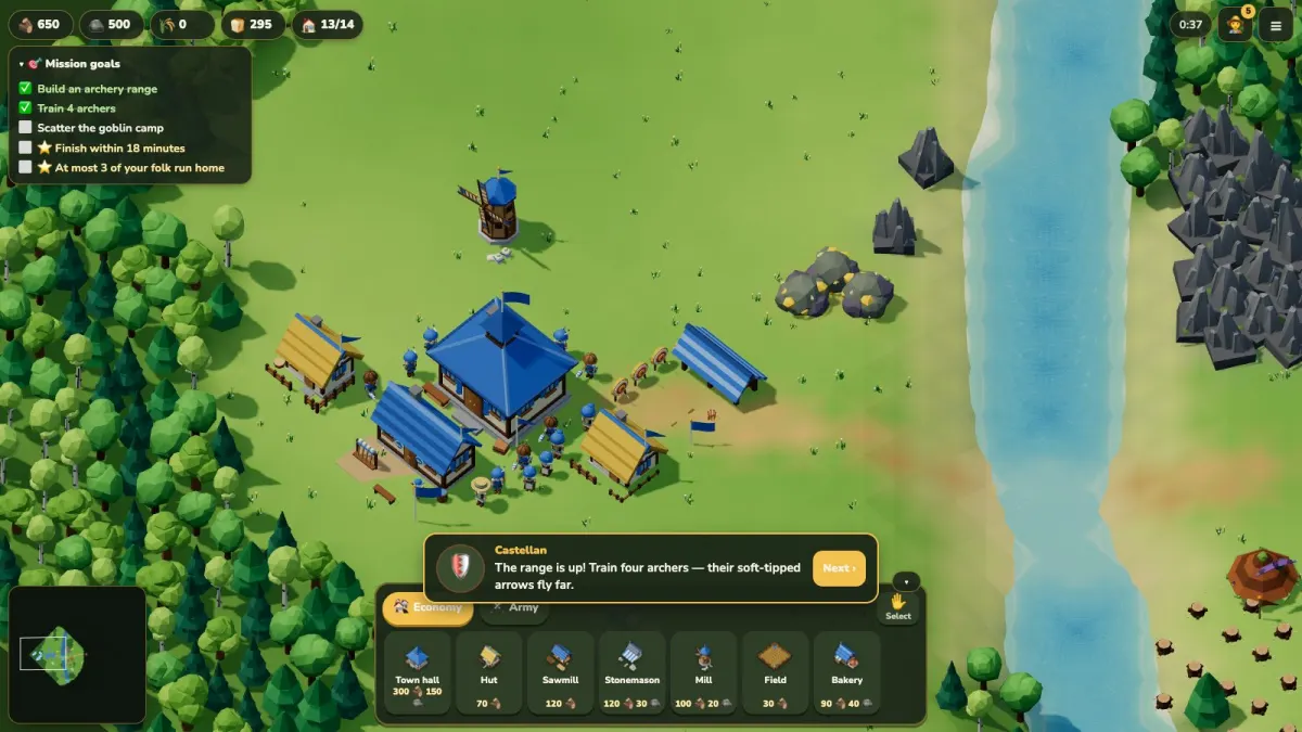 A mission with a goals list on the left and the castellan talking in a bubble