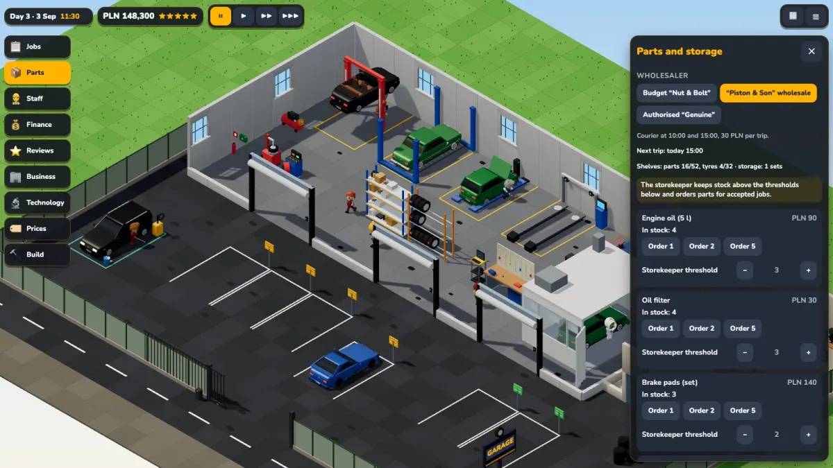 The Parts and stock panel: three wholesalers, engine oil, oil filter and brake pads with Order buttons